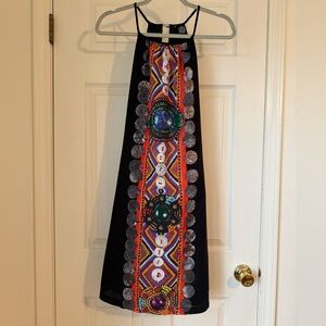Desigual Boho Halter Dress Size 38 Black Colorful Print Flowy Midi